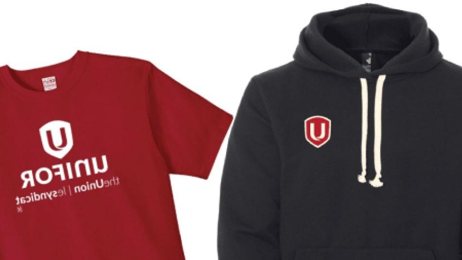 A black hoodie and red t-shirt with uedbet新版官网 logos. 